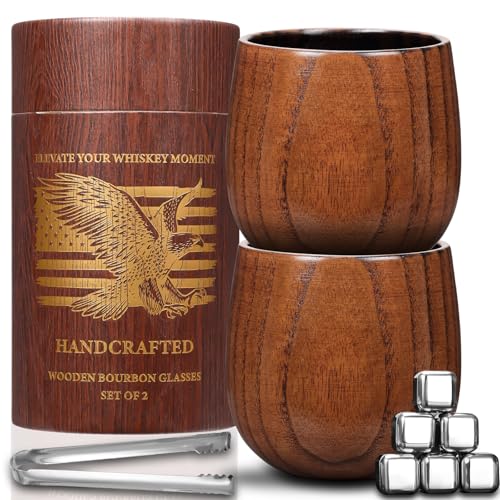 Handcrafted Charred Wooden Bourbon Drinking Glasses, Set of 2 - Unique Wood Whiskey Tumblers for Men, Enhance Barrel-Aged Flavor, Perfect Old Fashioned Glass Gift for Husband Bourbon Lovers (11oz)