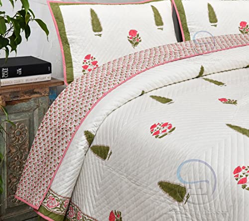 Image of 380 GSM Jaipuri Hand Block Flower and Tree Design Printed Reversible Pure Cotton Double Bed Winter and Summer Quilt Razai - King Size Red, Green, Cream and Multicolor, Rajai