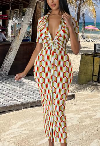 Image of ZERMOM Women's Button Down Shirt Dress Short Sleeve Print Collar V Neck Summer Bodycon Midi Dresses