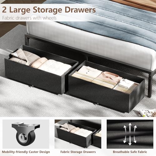 Image of Furnulem Queen Bed Frame with Adjustable Headboard, Upholstered Bed with 2 Storage Drawers, Built-in USB Charging Station & LED Lights, Platform Bedframe with Metal Slats, No Spring Box Needed, Grey
