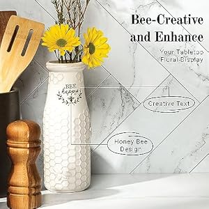 Young's Inc. Ceramic Flower Vase (Bee Happy) - White Ceramic Vase - Honeycomb Decor - 3" L x 3" W x 8" H Contains one Flower vase Youngs Inc Ceramic Flower Vase Bee Happy White Ceramic Vase Honeycomb Decor 3 L x 3 W x 8 H Contains one Flower vase