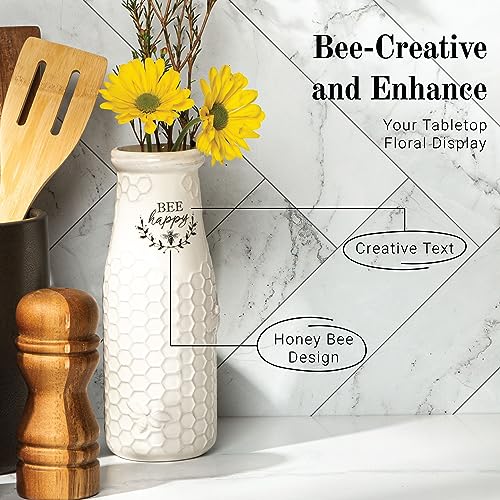 Youngs-Inc-Ceramic-Flower-Vase-Bee-Happy-White-Ceramic-Vase-Honeycomb-Decor-3-L-x-3-W-x-8-H-Contains-one-Flower-vase Youngs Inc Ceramic Flower Vase Bee Happy White Ceramic Vase Honeycomb Decor 3 L x 3 W x 8 H Contains one Flower vase