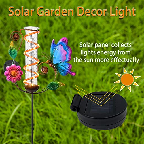 Bayn 36.3” Rain Gauge Outdoor Solar Powered 10 Leds 7” Tube Garden Butterfly Metal Decorative Stake With Waterproof Large Glass Tube Rain Guage For Yard, Garden, Patio, Lawn #TOP1