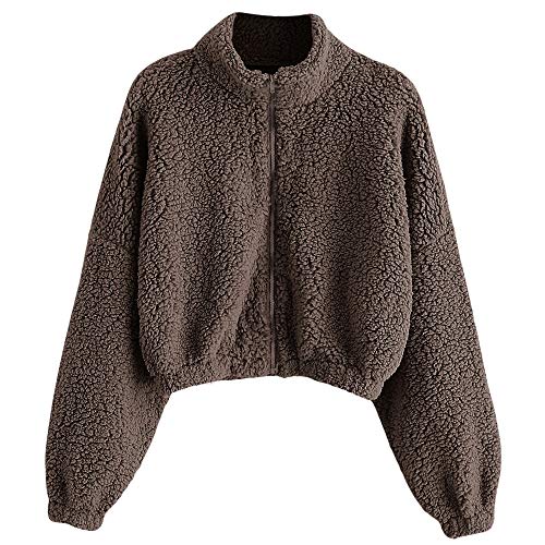 ZAFUL Women's Faux Fur Fuzzy Coat Full Zip Drop Shoulder Jacket Cropped Sweatshirts Coffee L