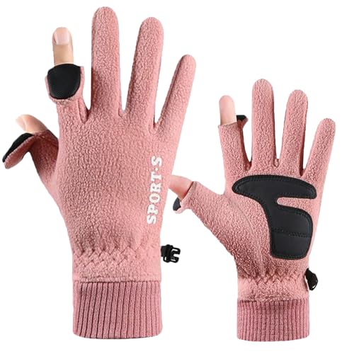 Fnaobai Fleece-Handschuhe für Damen und Herren, Winter, warm, Touchscreen, kaltes Wetter, verstellbares Handgelenk, Thermo-Fäustlinge zum Laufen, Skifahren, Rosa, 2 Finger,...
