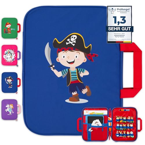 GRINSEZWERGE Tasche für Edurino & Tonies Figuren im Paolo Pirat Design in Blau I Aufbewahrung für Edurino Stift TipToi Stift Bücher & Zubehör I Kinder Tragetasche mit Platz für 15 Figuren