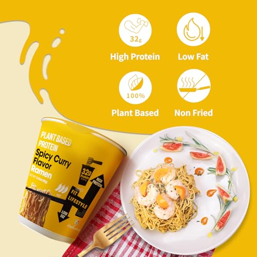 Image of Hethstia Protein Ramen Cup, Spicy Curry Flavor, 32g Plant Protein, 6 Pack | Vegan, Non-Fried Instant High-Protein Noodle Broth, Low Fat, Ready in Minutes Pre-Packaged Ramen Soup Cup