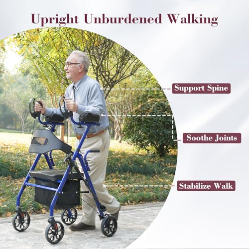 Image of Upright Rollator Walker, Heavy Duty Stand Up Walkers for Seniors with Seat and Reversible Backrest, Foldable Standing Rollator with 8 inch Anti-Slip PU Wheels, Blue