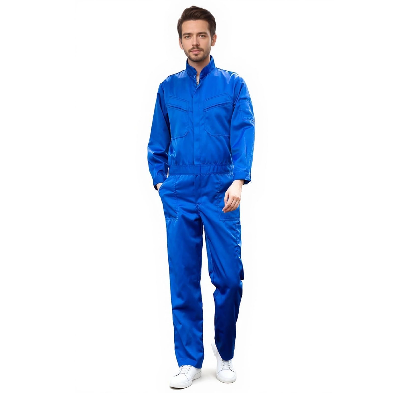 Maizoon Tuta da lavoro unisex, in policotone, resistente, tinta unita, con colletto alla coreana, tuta da caldaia con cerniera, per magazzino meccanico