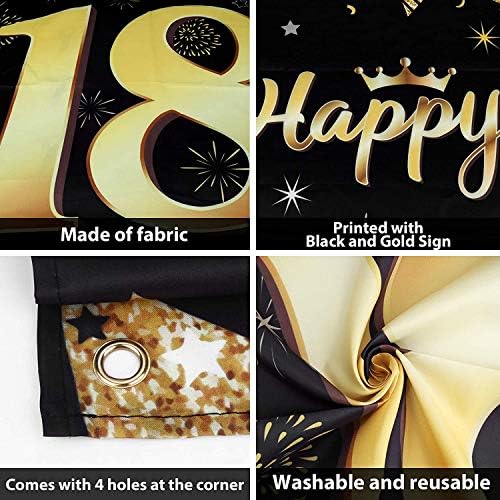 18th Birthday Party Decorations Backdrop and Door Banner,Black Gold Birthday Decoration for boys and girls of 18th Birthday Party,Essential Decoration for 18th Birthday Party,185×90cm(72.8×35.4 inch)