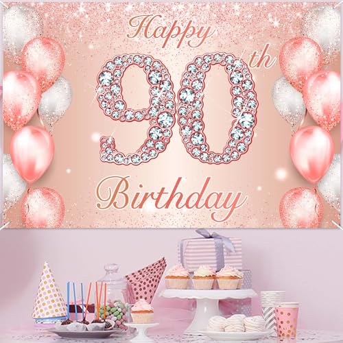 Image of Happy 90th Birthday Rose Gold Banner Cheers to 90 Years Old Backdrop Confetti Balloons Theme Decor for Women 90 Years Old Pink Birthday Party Decorations Bday Supplies Background Favors Gift Glitter