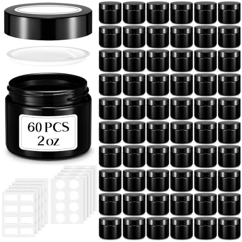 Image of Layhit 60 Pcs 2 oz Glass Jars with Lids Airtight Jars Bulk,Black | Empty, Airtight, Leakproof, Reusable, Small Jar with Blank Labels & Liners Lids, Travel Jars for Cream, Lotions, Candle