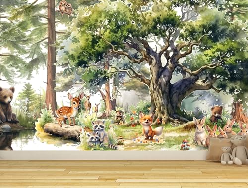 Fototapete Kinderzimmer, Wald, Waldtiere Bäume, Tapeten für Kinder Babyzimmer Vlies Tapeten wandtapete Mädchen und Jungen. Tapete nach Maß 1m2