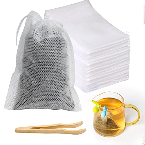 100 Stück Teebeutel für Losen Tee Vliesstoff, BOZILY Feine Teefilter Taschen mit Kordelzug +Teeclip + 2 Teebeutel Leeres Halter, Teefilter Papier Gewürzsäckchen für Tee Kaffee, Gewürz(7*9cm) Cover