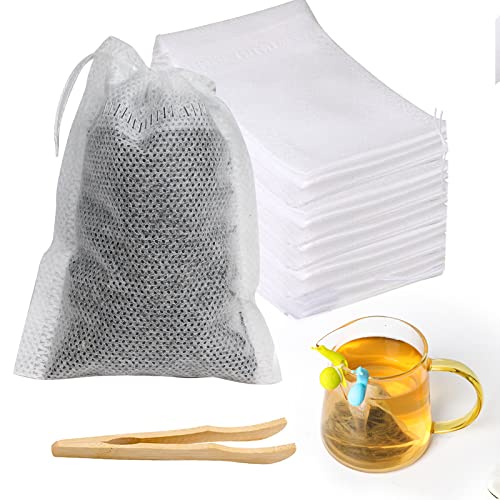 100 Stück Teebeutel für Losen Tee Vliesstoff, BOZILY Feine Teefilter Taschen mit Kordelzug +Teeclip + 2 Teebeutel Leeres Halter, Teefilter Papier Gewürzsäckchen für Tee Kaffee, Gewürz(7 * 9cm)