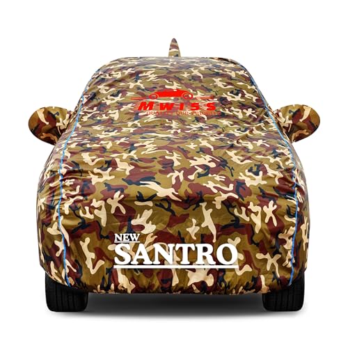 Image of Waterproof Car Cover for Hyundai New Santro | Dustproof, UV & Scratch Resistant Soft Cotton Lining | Triple Stitched, Mirror Pockets & Elastic Hem | Jungle