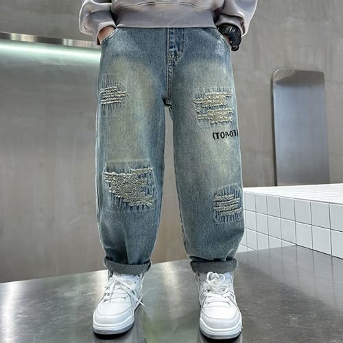 Teens Boys Ripped Jeans Kids Casual Destroyed Elastic Waist Straight Leg Denim Pants with Pockets Fashion Streetwear2