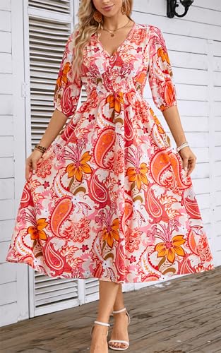 Image of Kormei Women Casual Boho V Neck 3 /4 Sleeve Smocked Waist A Line Swing Midi Long Dress S Orange Pink