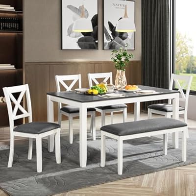 Harper & Bright Designs 6-Piece Wooden Dining Set for 6,Kitchen Furniture Set with Cross Back 4 Dining Chairs and Bench,White+Gray