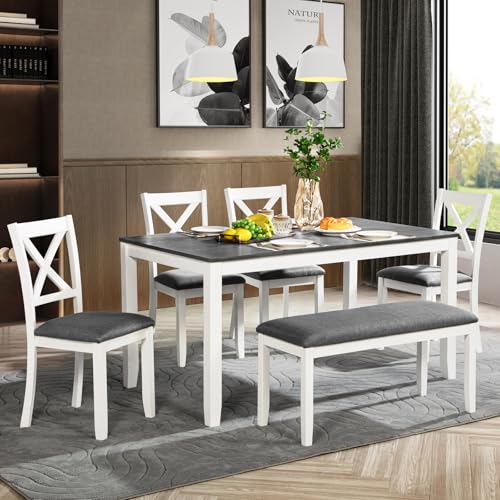 Image of Harper & Bright Designs 6-Piece Wooden Dining Set for 6,Kitchen Furniture Set with Cross Back 4 Dining Chairs and Bench,White+Gray