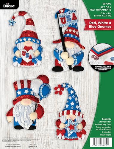 Image of Bucilla Felt Applique 6 Piece Ornament Making Kit, Red, White, & Blue Gnomes, Perfect for Holiday DIY Arts and Crafts, 89700E