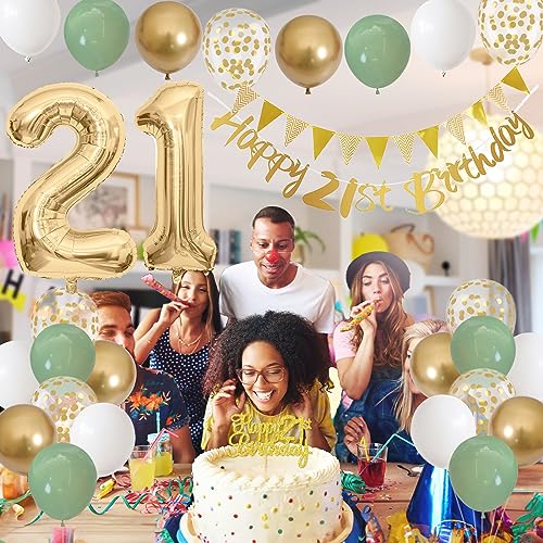 Image of 21st Birthday Decorations for Him Her, Happy Banner With Cake Topper Number 21 Foil Balloon, Sage Green White Gold Balloons for Men Women 21 Year Old Party Decoration