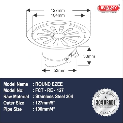 Image of Stainless Steel Cockroach Trap 5 INCH Round Floor Drain with Hole for Bathroom | Waste Water Drainer in Luxurious Bathroom Gratings Hair Catcher (125mm - Silver)