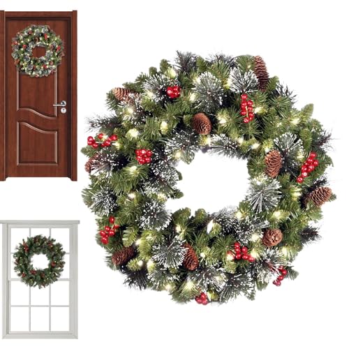 Couronne de Noël avec lumières, guirlande artificielle de 45,7 cm | avec crochet couronnes de Noël pour porte d'entrée | pour votre porche extérieur, printemps, bienvenue, ferme, vacances d'hiver