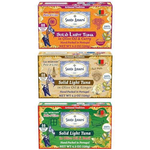 Image of Navigator 3 Flavor Variety Pk Canned Wild Pole & Line Tuna Fillets in Olive Oil (3 Pk, 120g Ea) Turmeric Curry, Basil, Ginger - Hand-Packed Fresh in PORTUGAL - Keto - Paleo - Solid Fillets