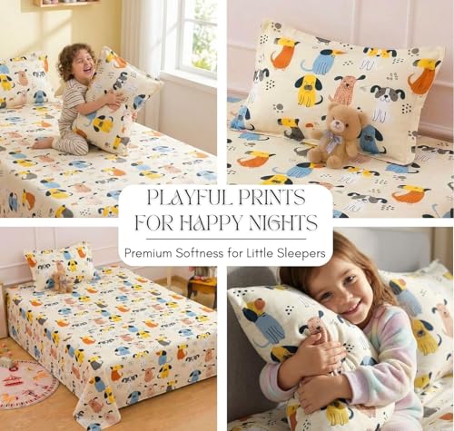 Image of RD FABS Glace Cotton Wrinkle Free Soft Hypoallergenic Single Bed Sheet with 1 Pillow Cover | Cartoon Printed Kids Bedsheet for Boys & Girls Room | 60x90 Inches | Beige Dog Print | 144 TC