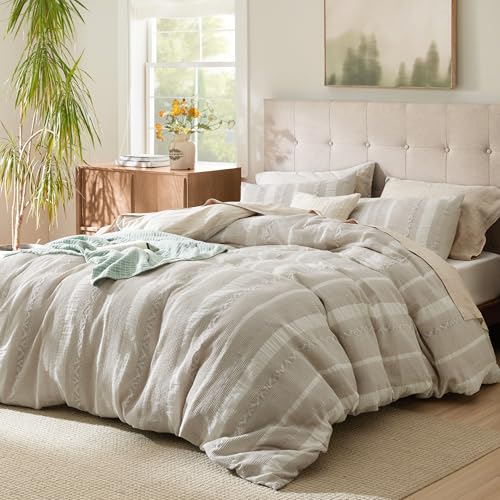 Image of Bedsure Waffle Weave Duvet Cover King - 100% Cotton Boho Duvet Cover with 2 Pillowcases - Linen Color PureWoven Textured Comforter Cover with Zipper Closure (King, 104 inchx90 inch)