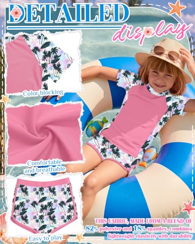Image of Xaatren Girls 2 Piece Rash Guard Swimsuit | Quick Dry Bathing Suits, Short Sleeve Floral Beach Swimwear, Summer Tee and Boyshort Sets, Protection, Hawaiian, 7-16 Year