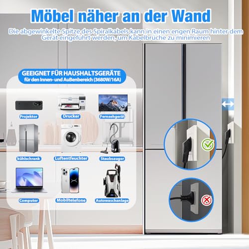 Verlängerungskabel Spiralkabel, 2m Schutzkontakt Spiralverlängerung 0,6 m auf 2m dehnbares Spiral Kabel Stecker Verlängerung Kurz mit Kupplung 230V/16 A für Zuhause, Büro, Außenbereich, Schwarz