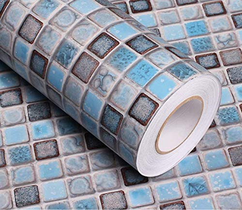 Mosaic Wallpaper Matte Wallpaper for Bathroom Kitchen Counter Paper Countertop Vinyl Blue Wallpaper Shelf Paper 15.7