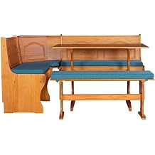 Linon Chelsea 3 Pc Honey Pine Nook Set with 4 Pc Polyester Cushion Set in Blue