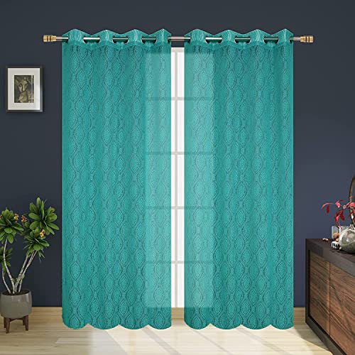Image of Fabrilia Polyester Sheer Net Damask Design Semi Transparent Eyelet Door Curtains 7 feet Long Set of 2- Teal