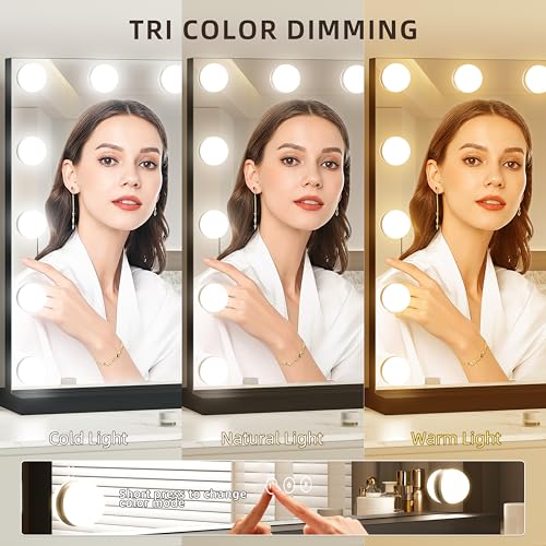 Image of Vanity Mirror with Lights Lighted Makeup Mirror with Dimmable LED Bulbs,3 Color Lighting Modes,USB Charging Port Touch Control,Sturdy Metal Frame Design,Black (50x40cm, 4.70)