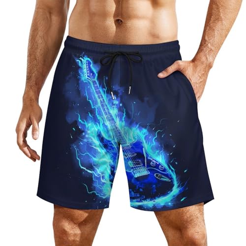 Music Blue Electric Guitar Men's Swim Trunks Quick Dry Board Shorts Swimwear Beach Shorts with Compression Liner