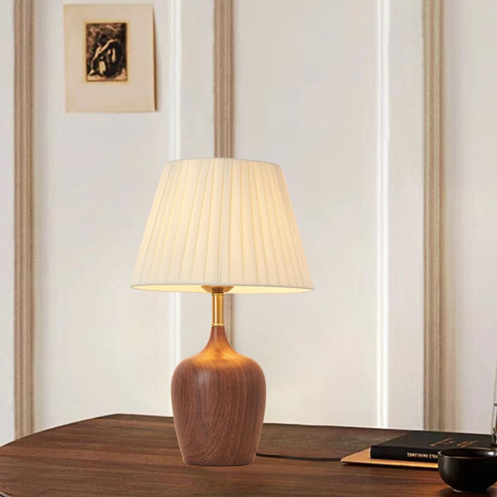 Mengjay Lampe de Table Chambre Vintage,Lampe de Table en Bois E27,Lampe de Bureau avec Abat-Jour en Tissu,Déco Veilleuse pour Chambre,Salon,Bureau,Hôtel,Café