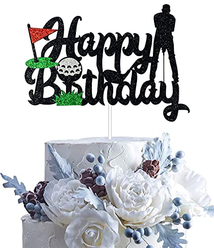 Hakpuotr Golf Birthday Cake Topper - Golf Cake Topper - Black Glitter Golf Happy Birthday Cake Topper For Men/Boys - Sports Themed Party Decorations Supplies #TOP4