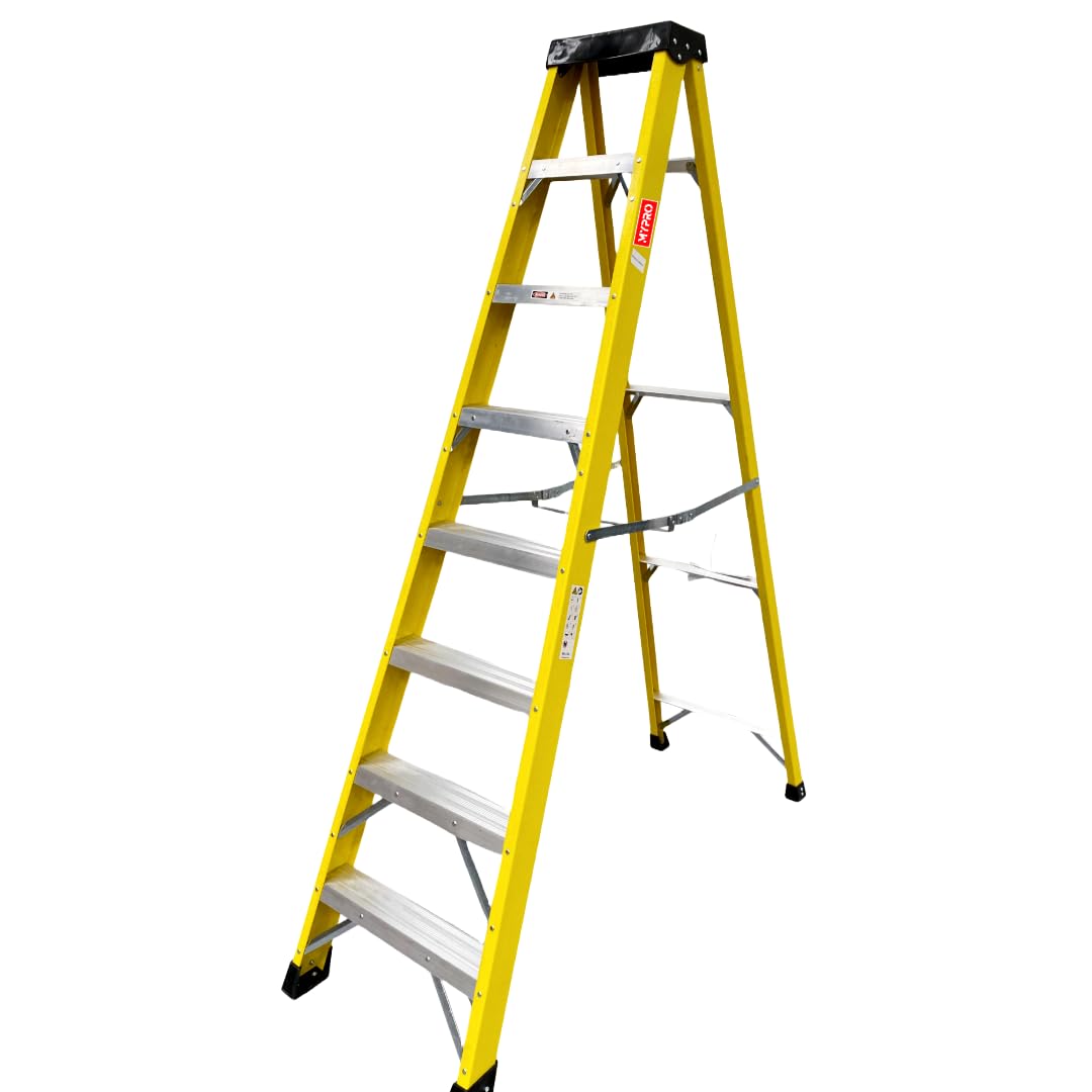 Mypro Yellow 8 Tread Heavy Duty Fibreglass Steps Ladder | Electricians Swingback Steps Grp Step Ladder 30,000V I Fibreglass Swingback Step Ladders | Foldable,