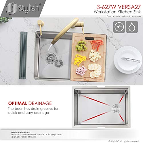 Stylish Workstation Sink 27 x 19 Inch 16G Stainless Steel Single Bowl Undermount Kitchen Sink with Bottom Grid Basket Strainer Drying Rack and Bamboo Cutting Board, S-627W by STYLISH - Image 5