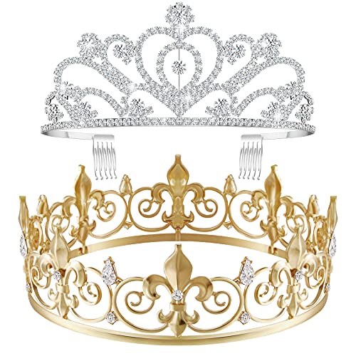 King Crown 2 Pcs Royal King Crown for Men Crystal Tiara Crowns for Women Girls Princess Crown Queen Tiara Costume Crown Prom King Crown Elegant Princess Crown with Combs Tiaras (Gold, Silver)
