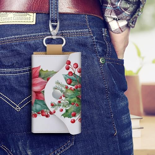 Red Christmas Flowers Holly Pinecones Key Holder Bag PU Leather ID Card Holder Keychains Case Cover for Men Women4