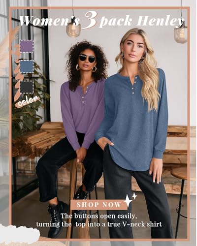 Riyiper 3 Pack Women's Long Sleeve Henley Tops, V Neck Button Up Tunic Top Casual Shirts Loose Fit T Shirts Pullover Tunics3