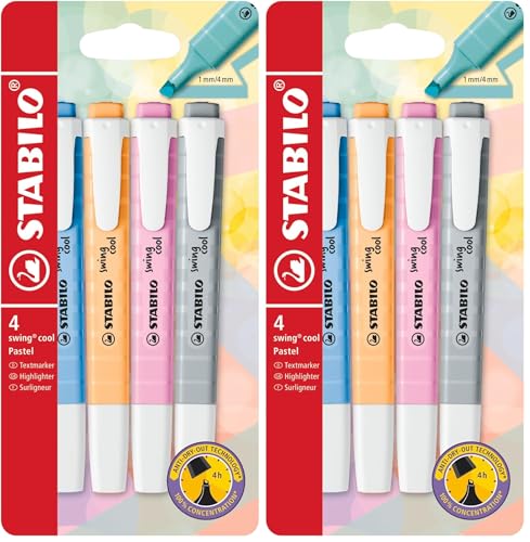 STABILO - Marcador - swing cool Pastel - Estuche de 4 - gris polvoriento, fucsia helado, azul ventodo, naranja pálido (Paquete de 2)