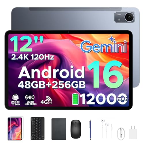 Image of Android Tablet 12 Inch 2.4K 120Hz, P12 Pro Android 16 Tablet with Keyboard, Unisoc T7300 CPU, 48GB RAM+256GB ROM, 12000mAh, Gemini AI, Quad Speakers, 13MP+8MP, Widevine L1 - Gray