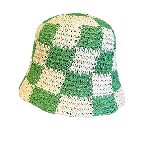 Straw Bucket Hat For Women Plaid Patchwork Crochet Fisherman Hat Outdoor Sun Protection Hollow Ladies Bucket Cap Red #TOP7