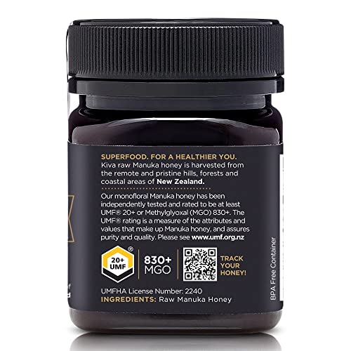 Kiva Raw Manuka Honey, Certified Umf 20+ | Mgo 830+ | 100% Pure Genuine New Zealand (8.8Oz/250G Bottle) | Non-Gmo | No Antibiotics | Traceable | Umf & Mgo Certified #TOP1