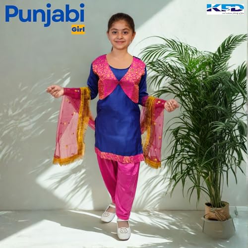 Image of Kaku Fancy Dresses Punjabi Girl Ethnic Costume for Kids - Blue & Magenta Salwar Suit Dress with Dupatta | Indian State Fancy Dress for Girls (5-6 Years)